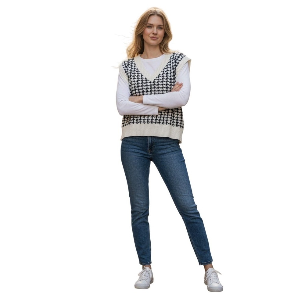 Princess Polly Ashton Houndstooth Sweater Vest Cropped Preppy Mod Academic L/XL